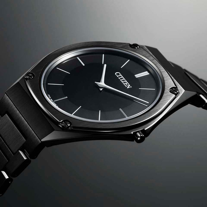 Citizen Eco-Drive One AR5064-57E Ultra-thin men's watch, Stainless steel case Black color coating, Black Dial, Stainless steel bracelet Black color coating,Close-up.