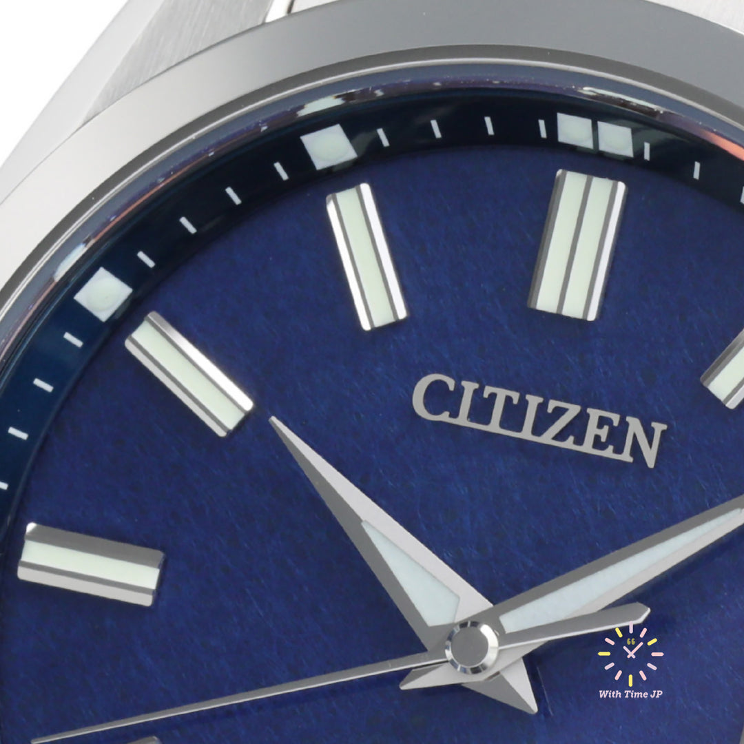 THE CITIZEN AQ4091-56L solar Men's Watch Close-up of Blue Japanese paper dial.