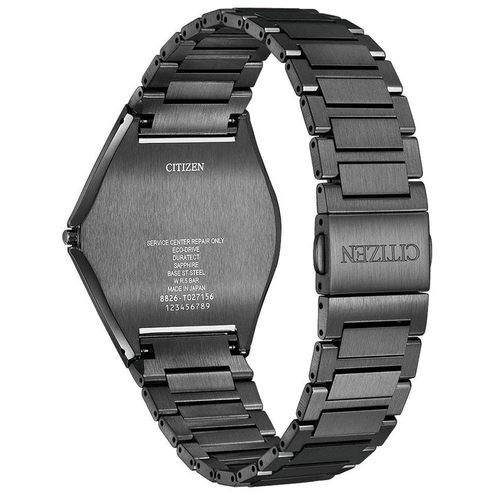 Citizen Eco-Drive One AR5064-57E Ultra-thin men's watch, Stainless steel case Black color coating, Black Dial, Stainless steel bracelet Black color coating,Back side angle.