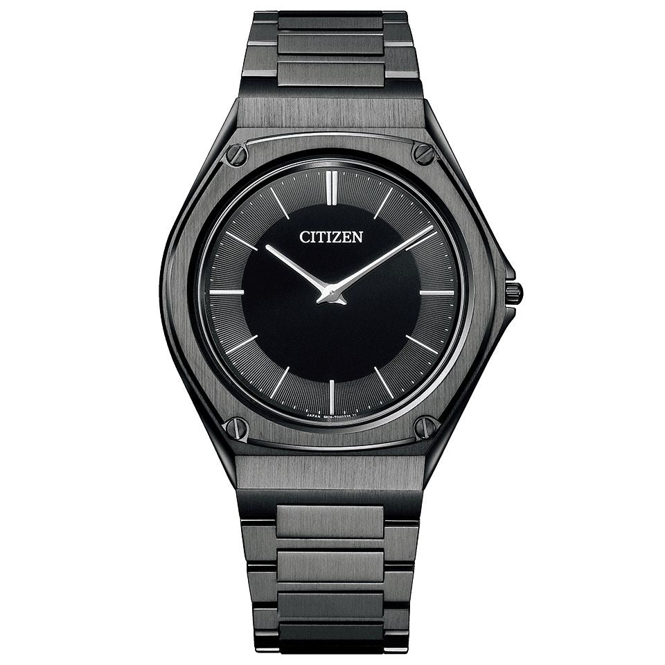 Citizen Eco-Drive One AR5064-57E Ultra-thin men's watch, Stainless steel case Black color coating, Black Dial, Stainless steel bracelet Black color coating.