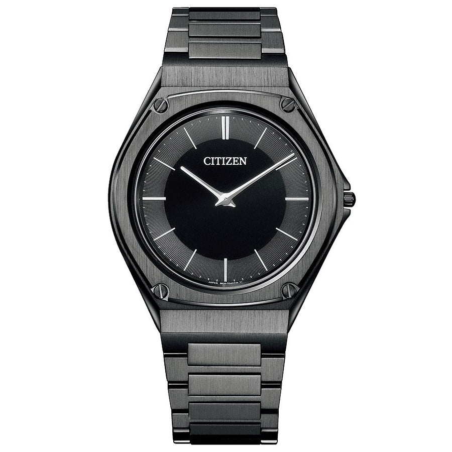 Citizen Eco-Drive One AR5064-57E Ultra-thin men's watch, Stainless steel case Black color coating, Black Dial, Stainless steel bracelet Black color coating.