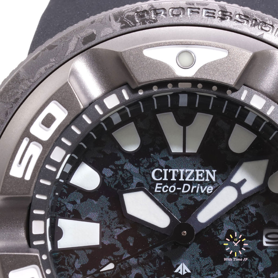 CITIZEN Promaster BJ8056-01E,Close-up of Camouflage pattern black dial.