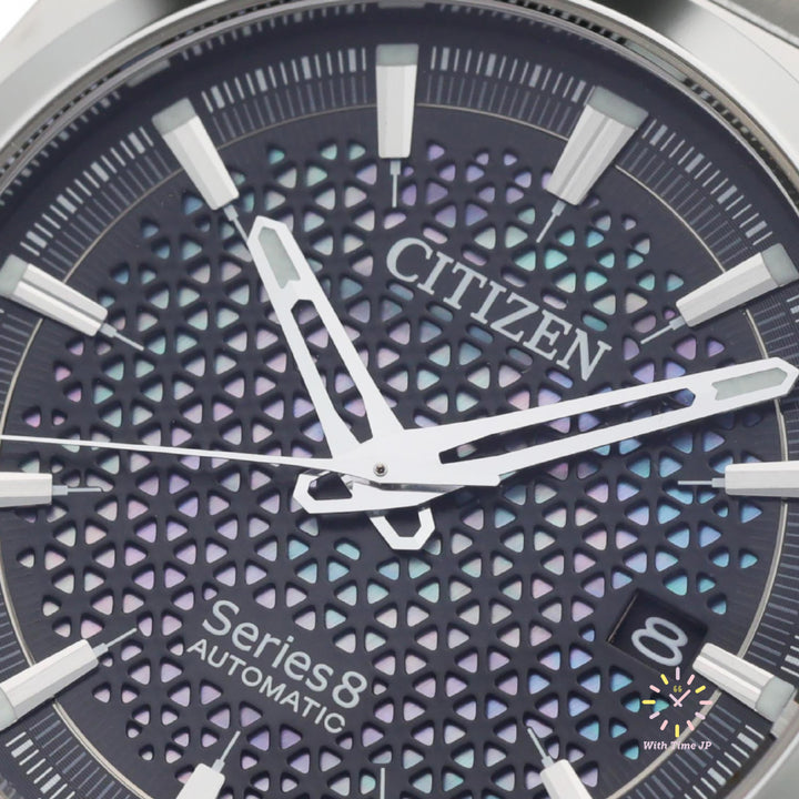 CITIZEN Series Eight NA1010-84X Mechanical Men's Watch Close-up of white butterfly shell Dial.