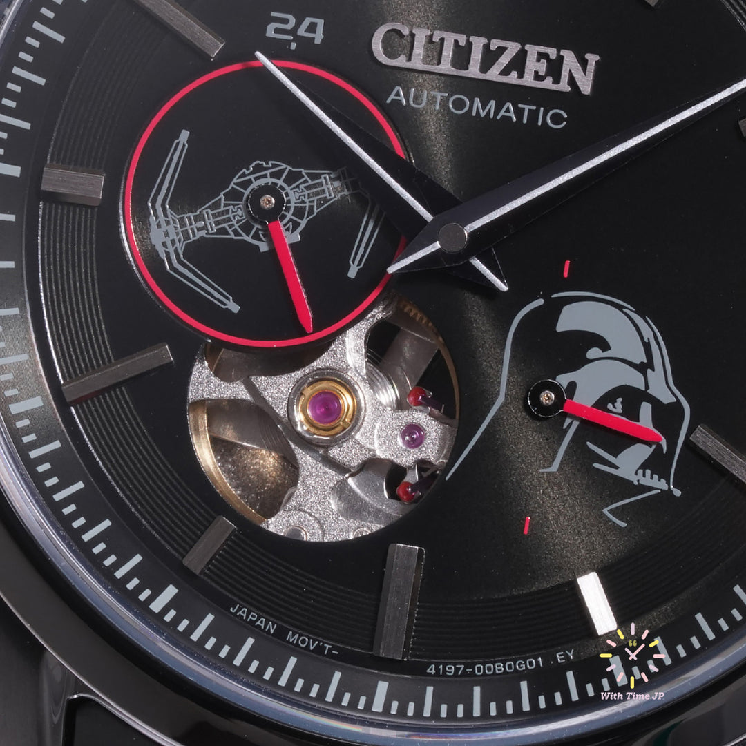 CITIZEN NP1015-66E,Darth Vader Model,Automatic men's watch,Close-up of Darth Vader and Tie Fighter dials.