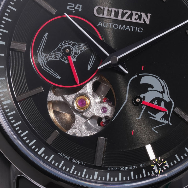 CITIZEN NP1015-66E,Darth Vader Model,Automatic men's watch,Close-up of Darth Vader and Tie Fighter dials.