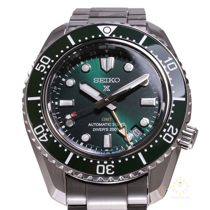 Seiko Prospex SBEJ009 Mechanical GMT Diver's Watch, front angle.