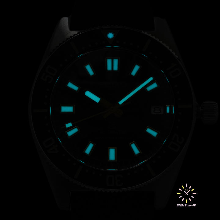 black dial luminescence of Seiko Prospex Automatic SBDC105