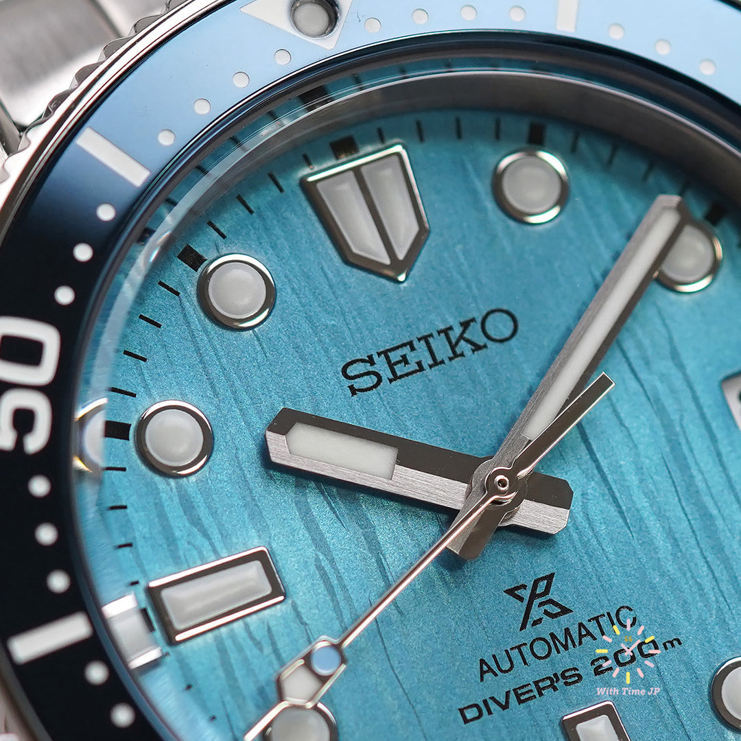 SEIKO SBDC167 Automatic diver's watch close-up of light blue dial.