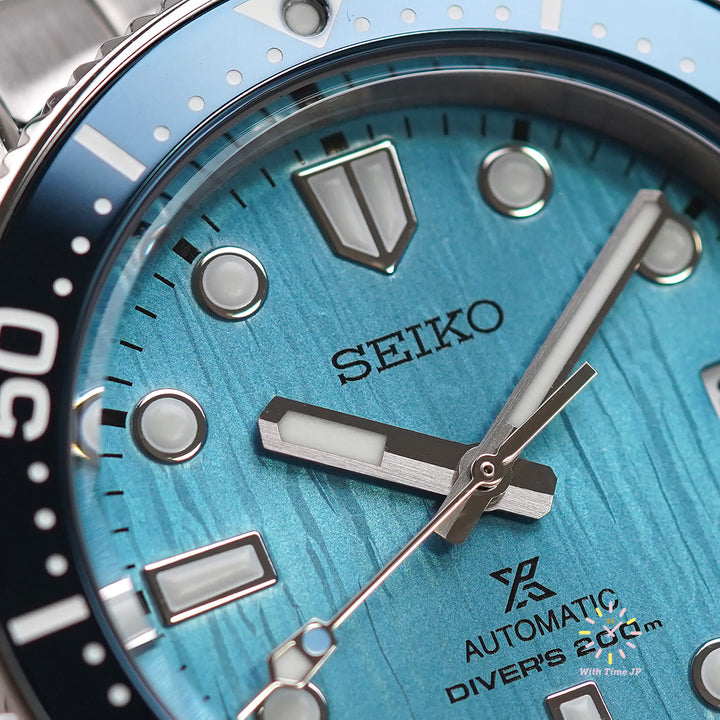 SEIKO SBDC167 Automatic diver's watch close-up of light blue dial.