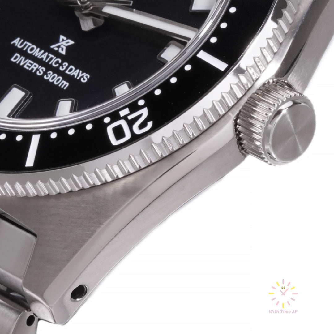 SEIKO Prospex SBDC197 automatic diver's watch close-up of lugs and crown.