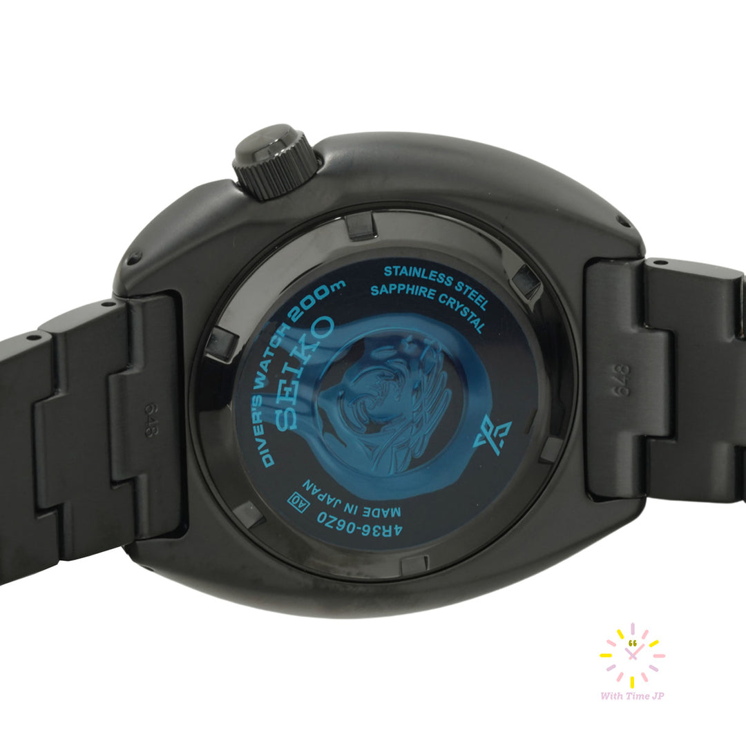 Backsid of the case of Seiko Prospex The Black Series Automatic Diver Scuba SBDY127