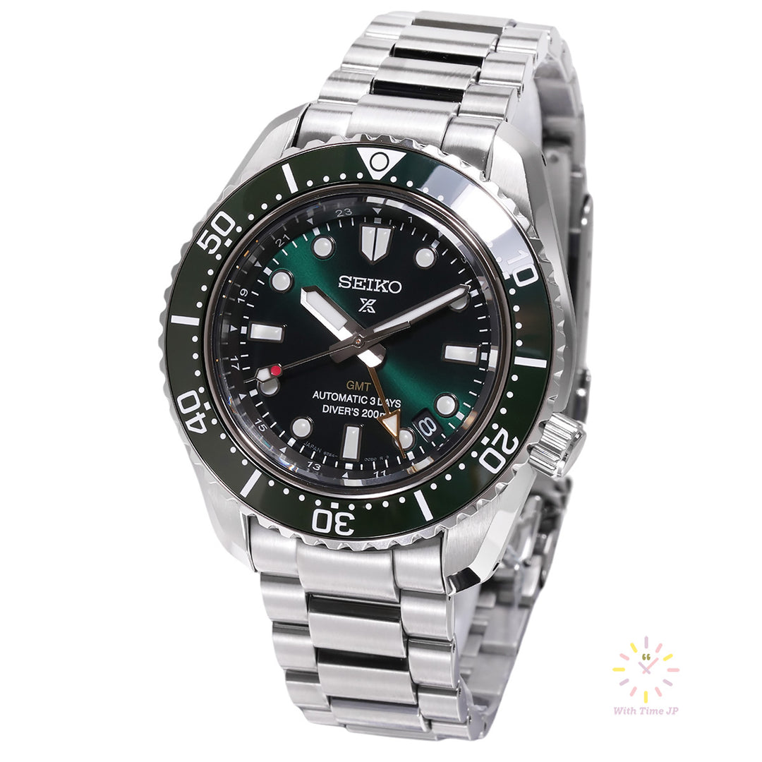 Seiko Prospex SBEJ009 Mechanical GMT Diver's Watch, Stainless steel Case, Stainless steel triple link band, Green Dial