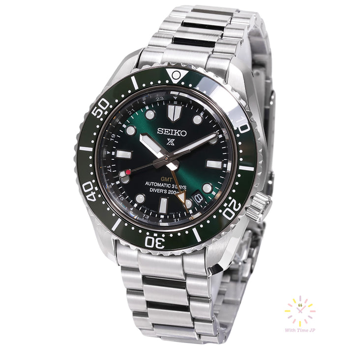 Seiko Prospex SBEJ009 Mechanical GMT Diver's Watch, Stainless steel Case, Stainless steel triple link band, Green Dial