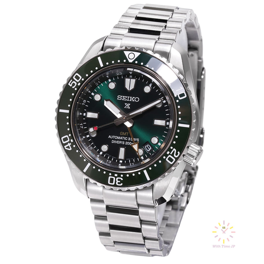 Seiko Prospex SBEJ009 Mechanical GMT Diver's Watch, Stainless steel Case, Stainless steel triple link band, Green Dial