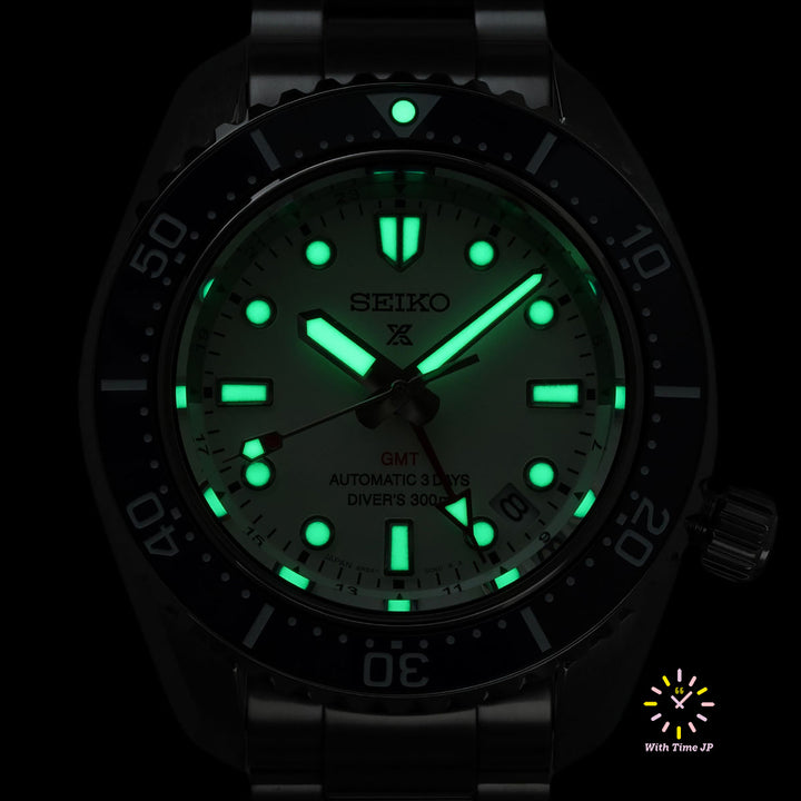 white dial luminescence of Seiko Prospex Diver Scuba Automatic GMT SBEJ029