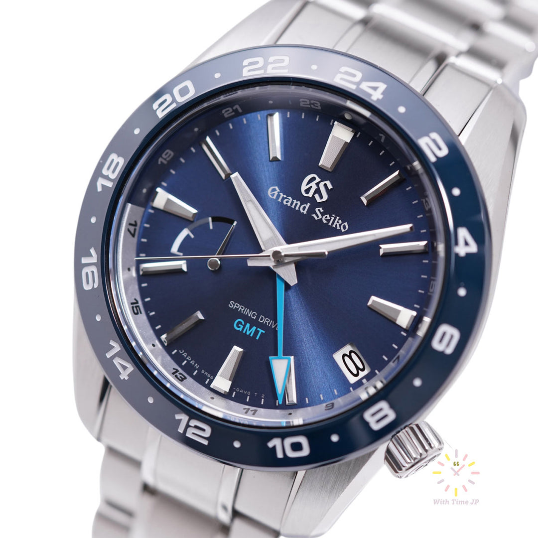 GRAND SIKO SBGE255,Spring Drive Men's Watch,Close-up of blue dial from front angle.