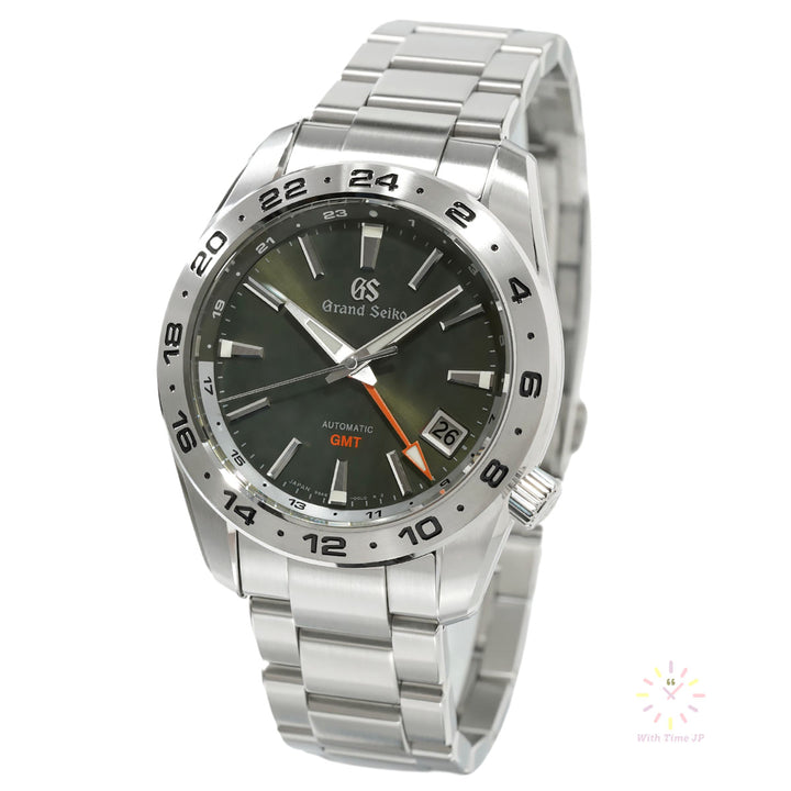Grand Seiko SBGM247 Automatic GMT Men's Watch, Stainless steel case, Khaki green dial,Triple link stainless steel bracelet.