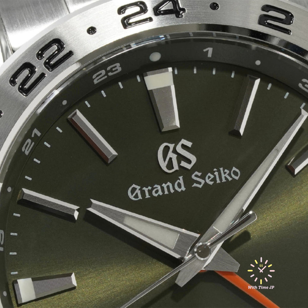 Grand Seiko SBGM247 Automatic GMT Men's Watch Close-up of the Khaki green dial
