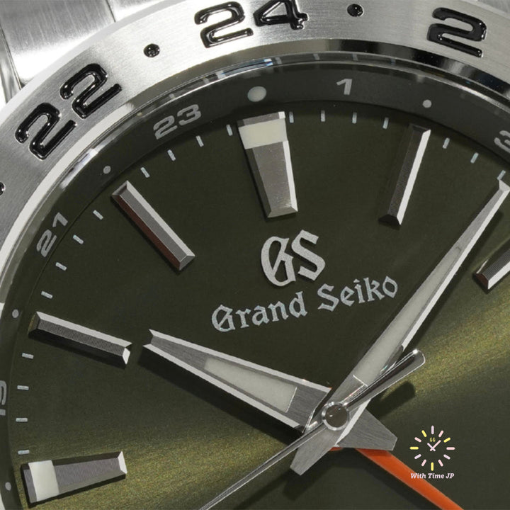 Grand Seiko SBGM247 Automatic GMT Men's Watch Close-up of the Khaki green dial