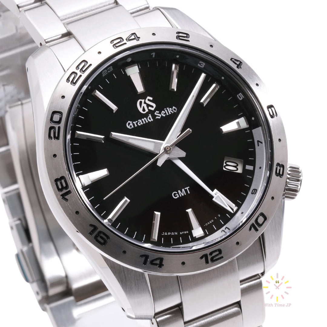 Grand Seiko SBGN027, Quartz Men's Watch,Close-up of black dial from front angle.