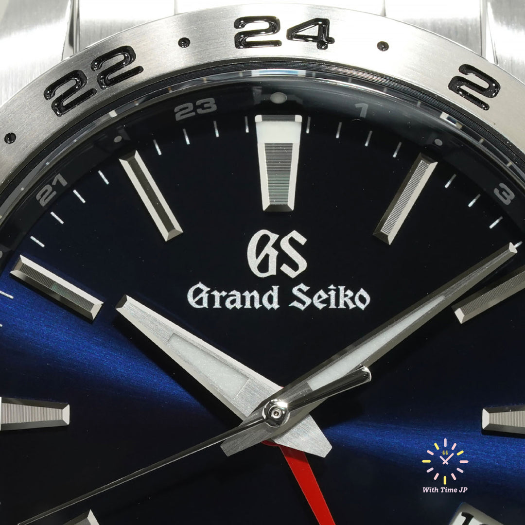 Grand Seiko SBGN029, GMT Quartz Men's Watch, Close-up of blue dial.