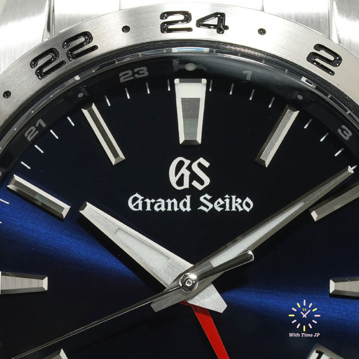 Grand Seiko SBGN029, GMT Quartz Men's Watch, Close-up of blue dial.
