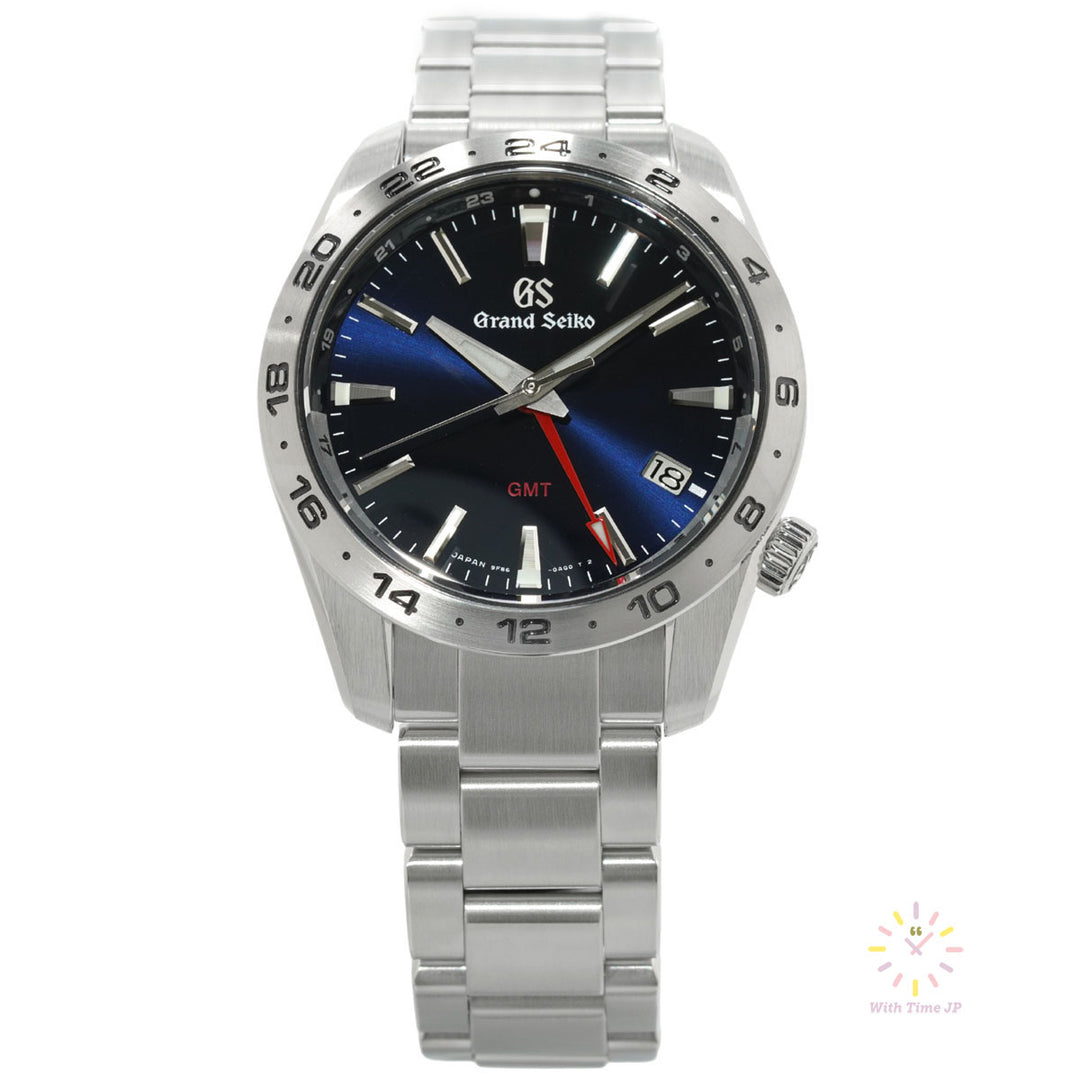 Grand Seiko SBGN029, GMT Quartz Men's Watch, Angle looking up from the front.