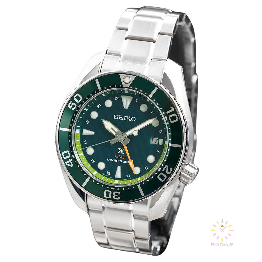 Seiko Prospex Diver Scuba Solar GMT Watch SBPK011, Stainless steel Case, Stainless steel triple link band, Green Dial.