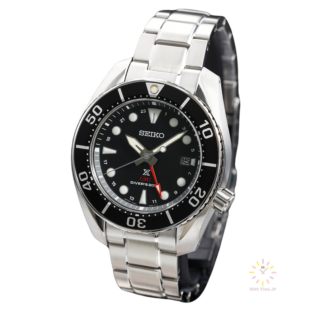 Seiko Prospex Diver Scuba Solar GMT Watch SBPK003, Stainless steel Case, Stainless steel triple link band, Black Dial.