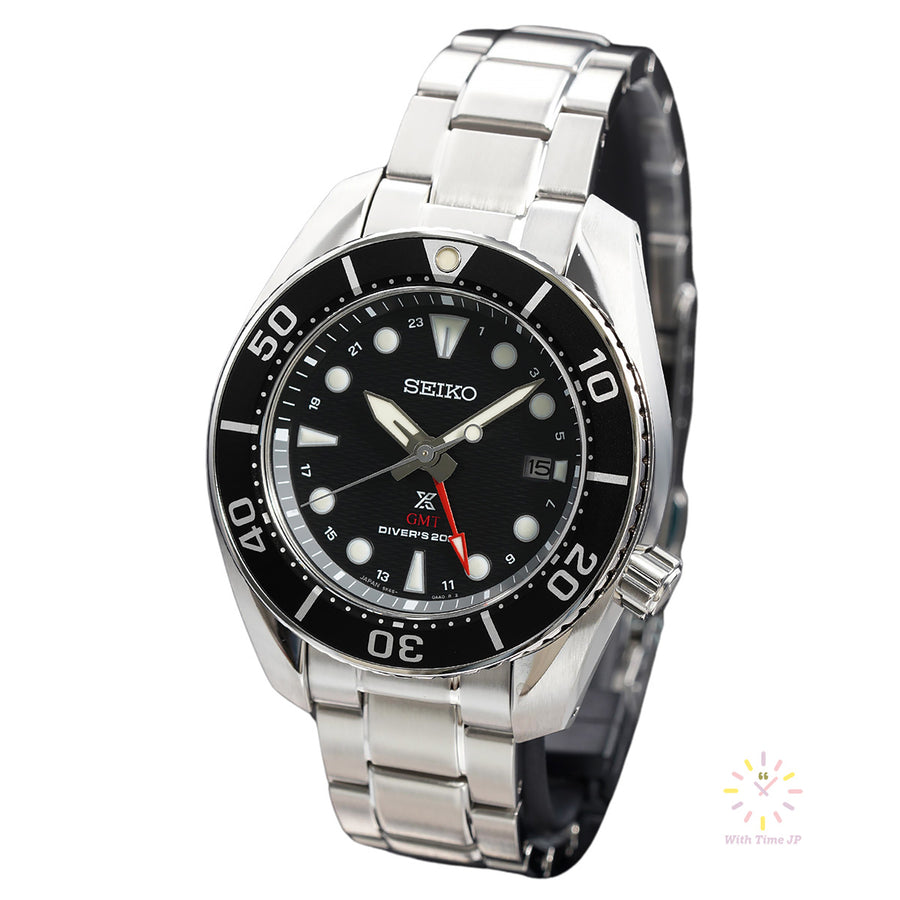 Seiko Prospex Diver Scuba Solar GMT Watch SBPK003, Stainless steel Case, Stainless steel triple link band, Black Dial.
