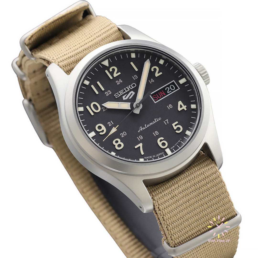 SEIKO 5 SPORTS SBSA117 automatic wristwatch, viewed from bottom left.