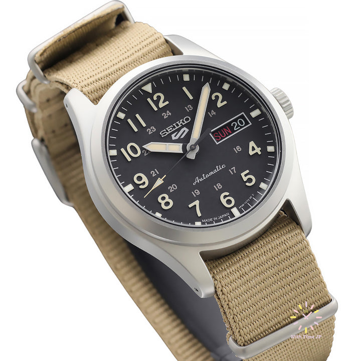 SEIKO 5 SPORTS SBSA117 automatic wristwatch, viewed from bottom left.