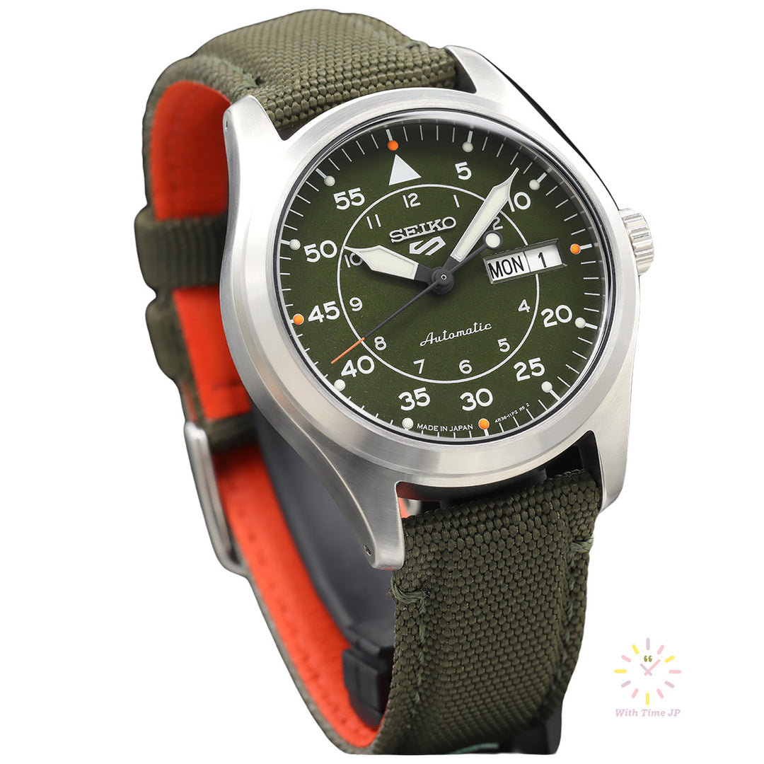 SEIKO 5 SPORTS SBSA141 automatic wristwatch, viewed from bottom left.