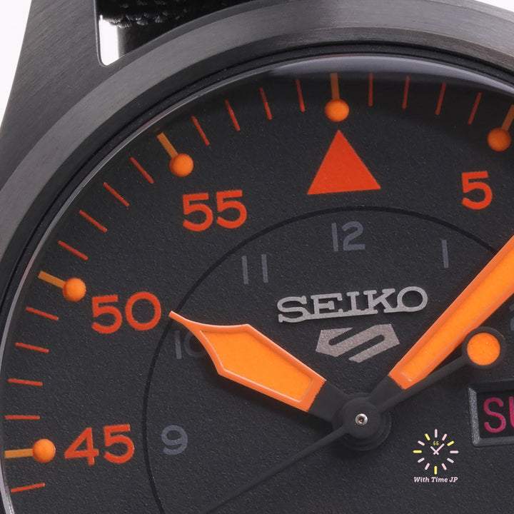 Seiko 5 Sports SBSA143 ,Mechanical Men's Watch,Close-up of black dial.