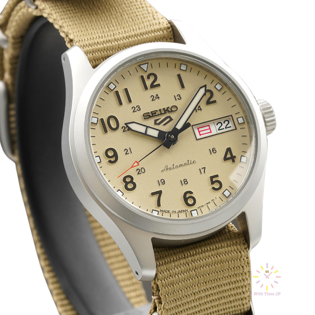 SEIKO 5 SPORTS SBSA199 automatic wristwatch, viewed from bottom left.