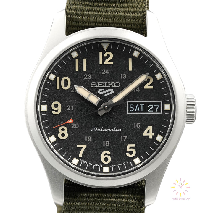 SEIKO 5 SPORTS SBSA201 automatic wristwatch, viewed from front.