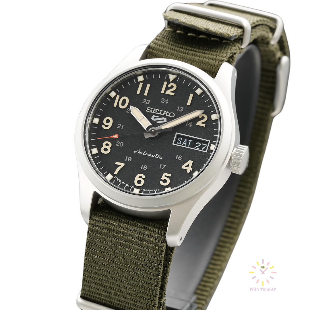 SEIKO 5 SPORTS SBSA201 automatic wristwatch, viewed from bottom right.