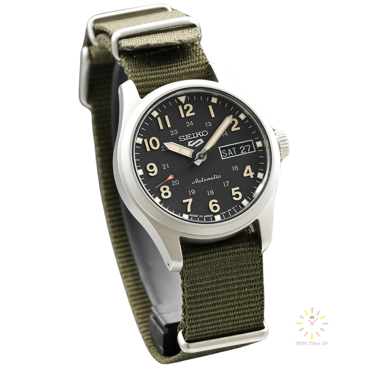 SEIKO 5 SPORTS SBSA201 automatic wristwatch, viewed from bottom left.
