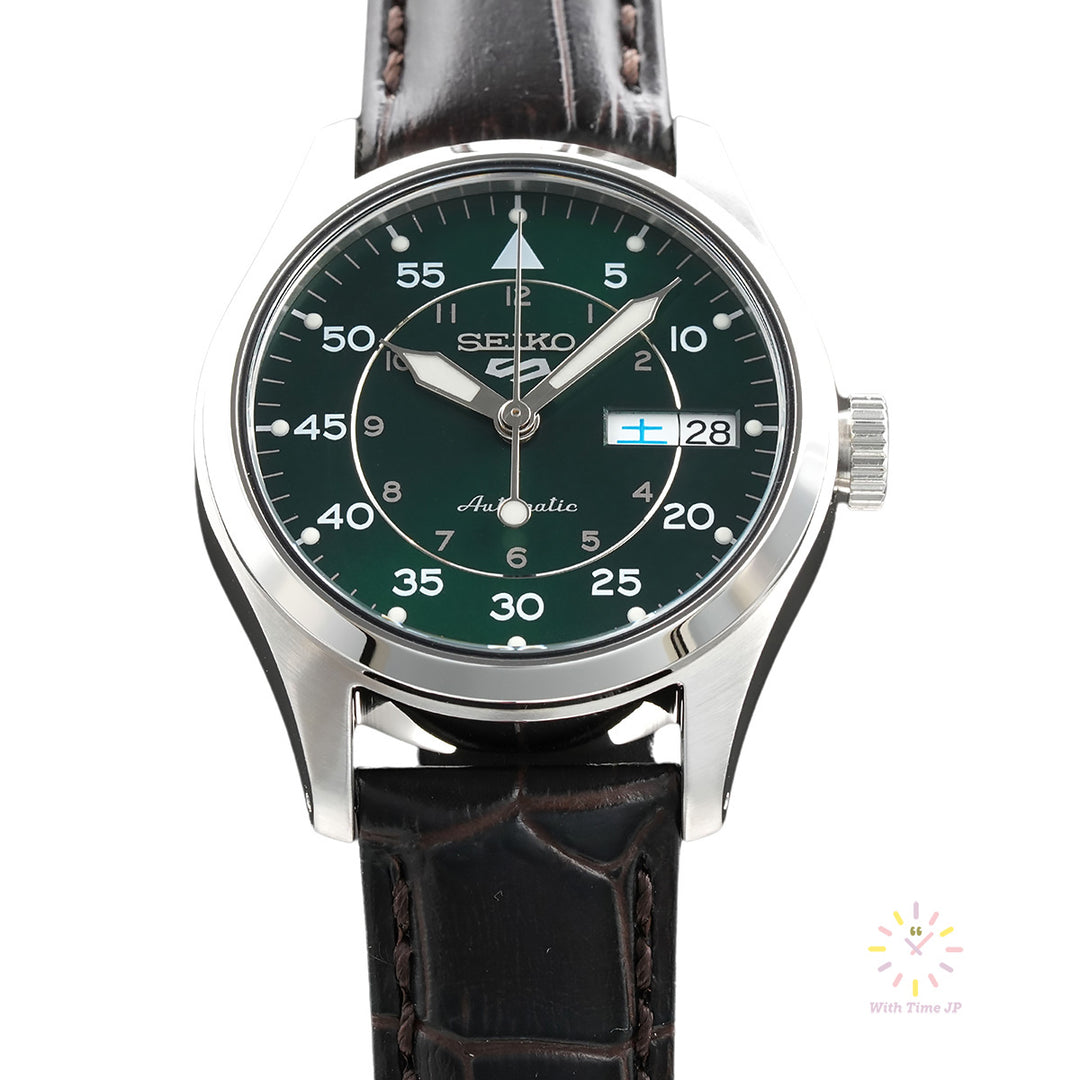 Angle looking up at the SEIKO 5 SPORTS SBSA203 automatic wristwatch
