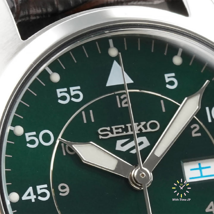 SEIKO 5 SPORTS SBSA203 Close-up of the Green dial of the automatic watch.