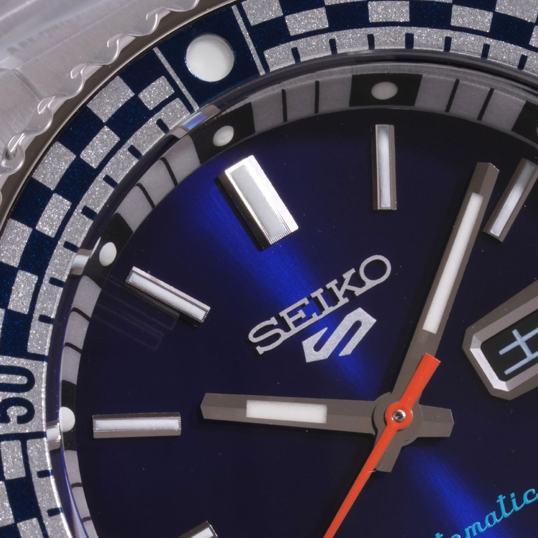 Seiko 5 Sports SBSA243 Automatic Men's Watch Close-up of blue dial