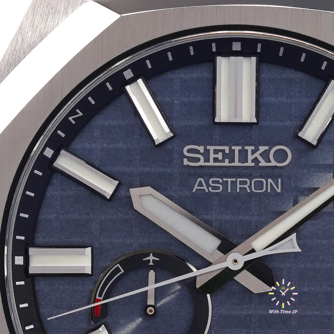 Seiko Astoron SBXD013 ,Solar GPS Men's Watch,Close-up of blue dial.