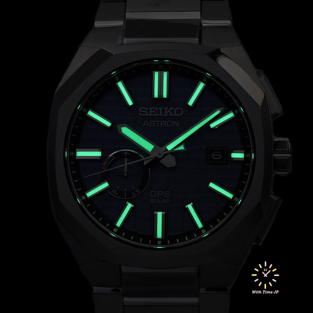 Seiko Astoron SBXD013 ,Solar GPS Men's Watch Lumibright close-up.