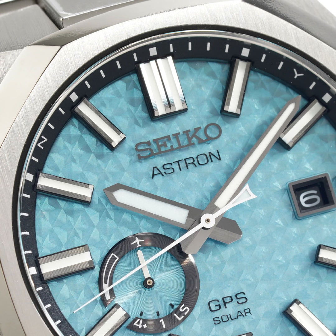 Seiko Astoron SBXD027 Limited Edition Sky blue dial close-up.