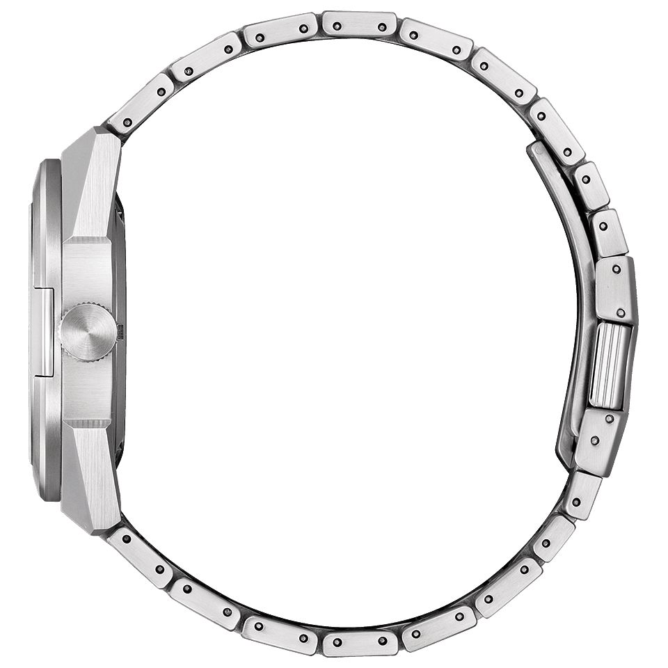 Citizen Series Eight NA1000-88A Mechanical Men's Watch, Stainless Steel Case, White Dial, Stainless Triple Link Band, Side angle.