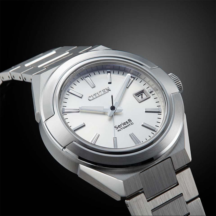 Citizen Series Eight NA1000-88A Mechanical Men's Watch, Stainless Steel Case, White Dial, Stainless Triple Link Band,Close-up.