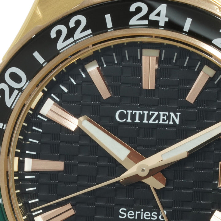 CITIZEN SERIES 8 NB6033-51E Close-up of Japanese traditional pattern black dial