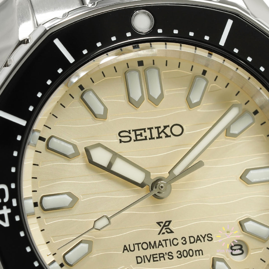 SEIKO Prospex SBDC201 automatic diver's watch close-up of Perl beige dial.