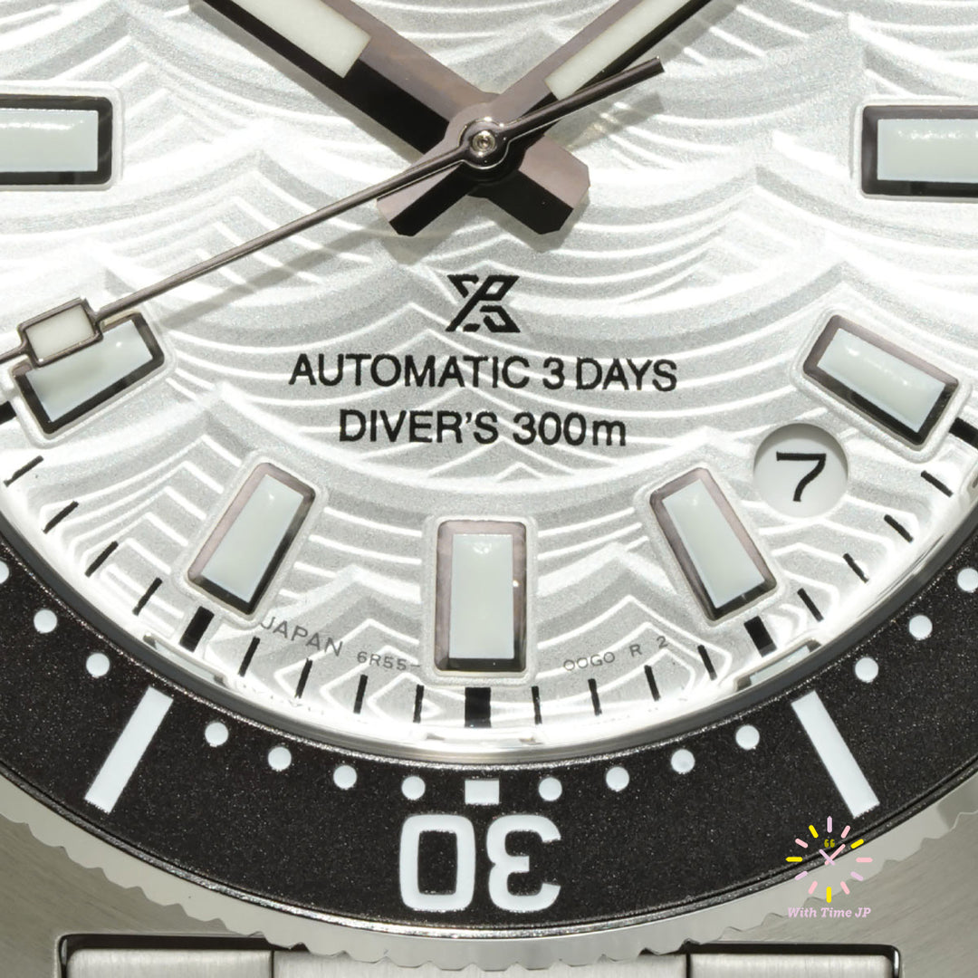 Close-up of the silver dial of SBDC213, 6 o'clock side