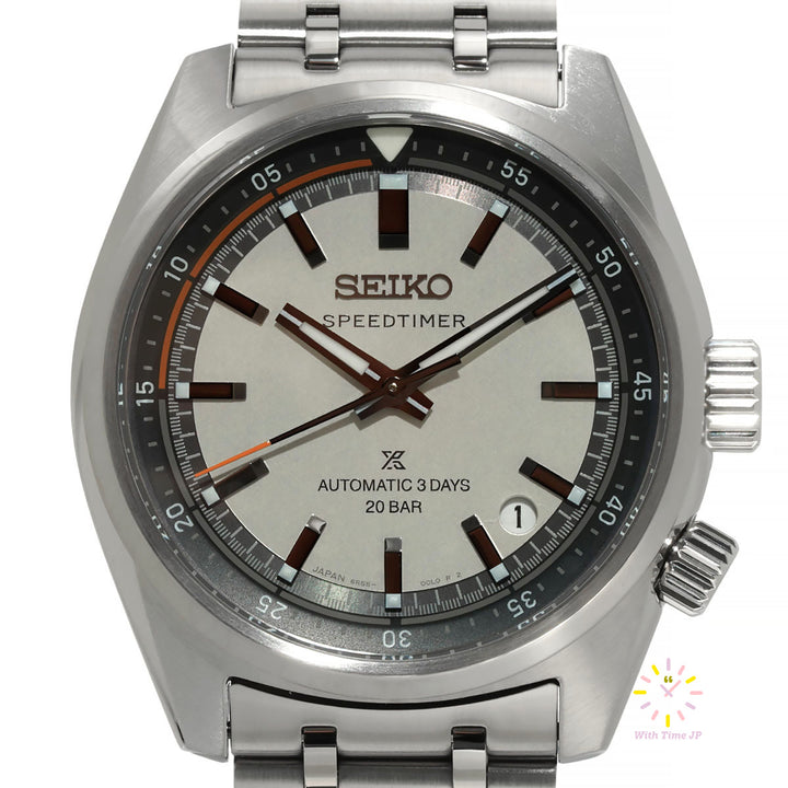 Seiko Prospex Automatic Speedtimer SBDC215,Close-up of gray Dial from Front angle
